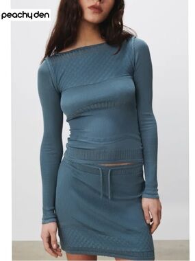 Peachy Den Elsa Knit Top S Petrol Blue Long Sleeve Textured Pointelle London